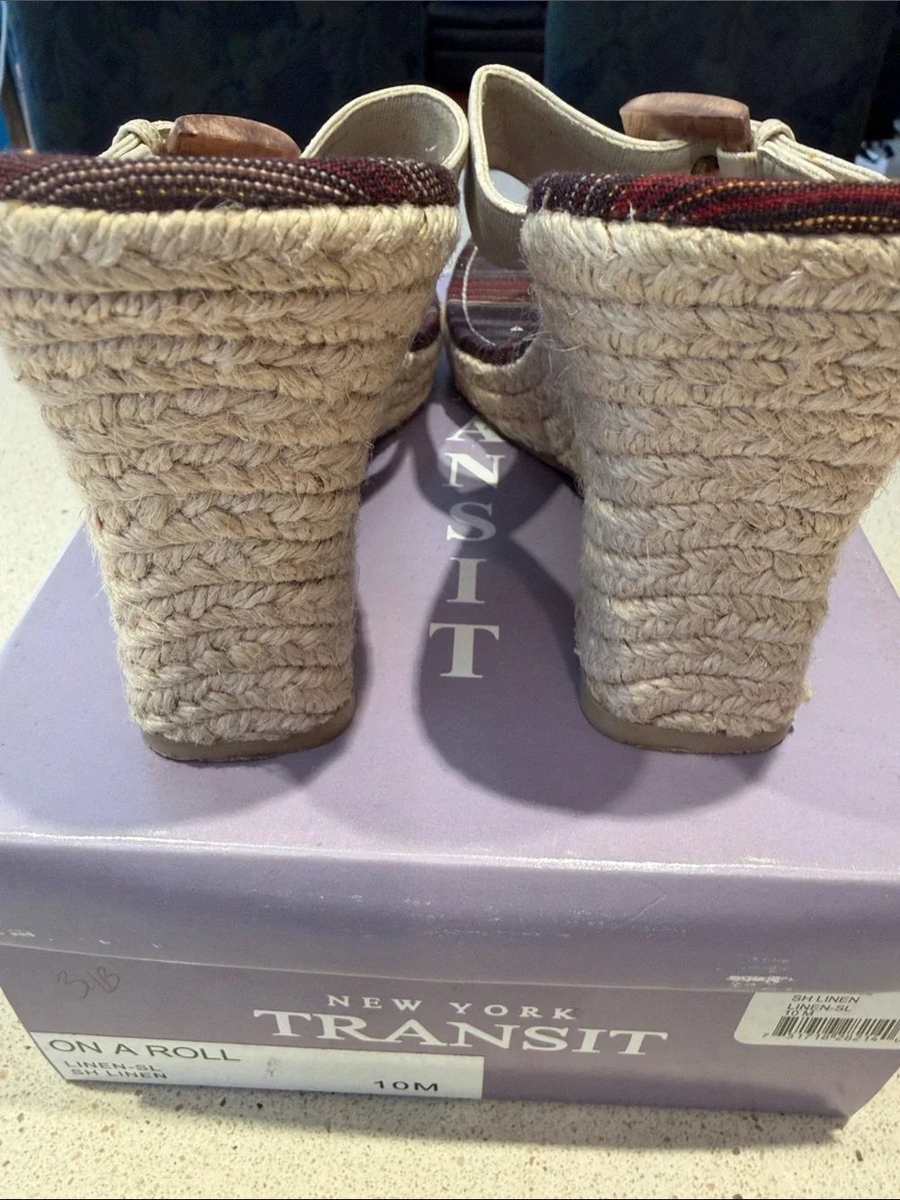 New York Transit Cream Wedge Thong Sandals with Wooden Buckle